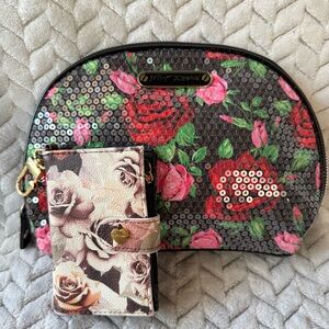 Betsey Johnson Rose Sequin Cosmetic Bag and Wallet Set - Black and Pink